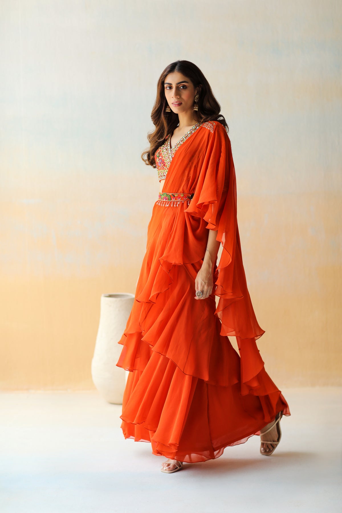 Fire Orange Pre-draped Saree Set