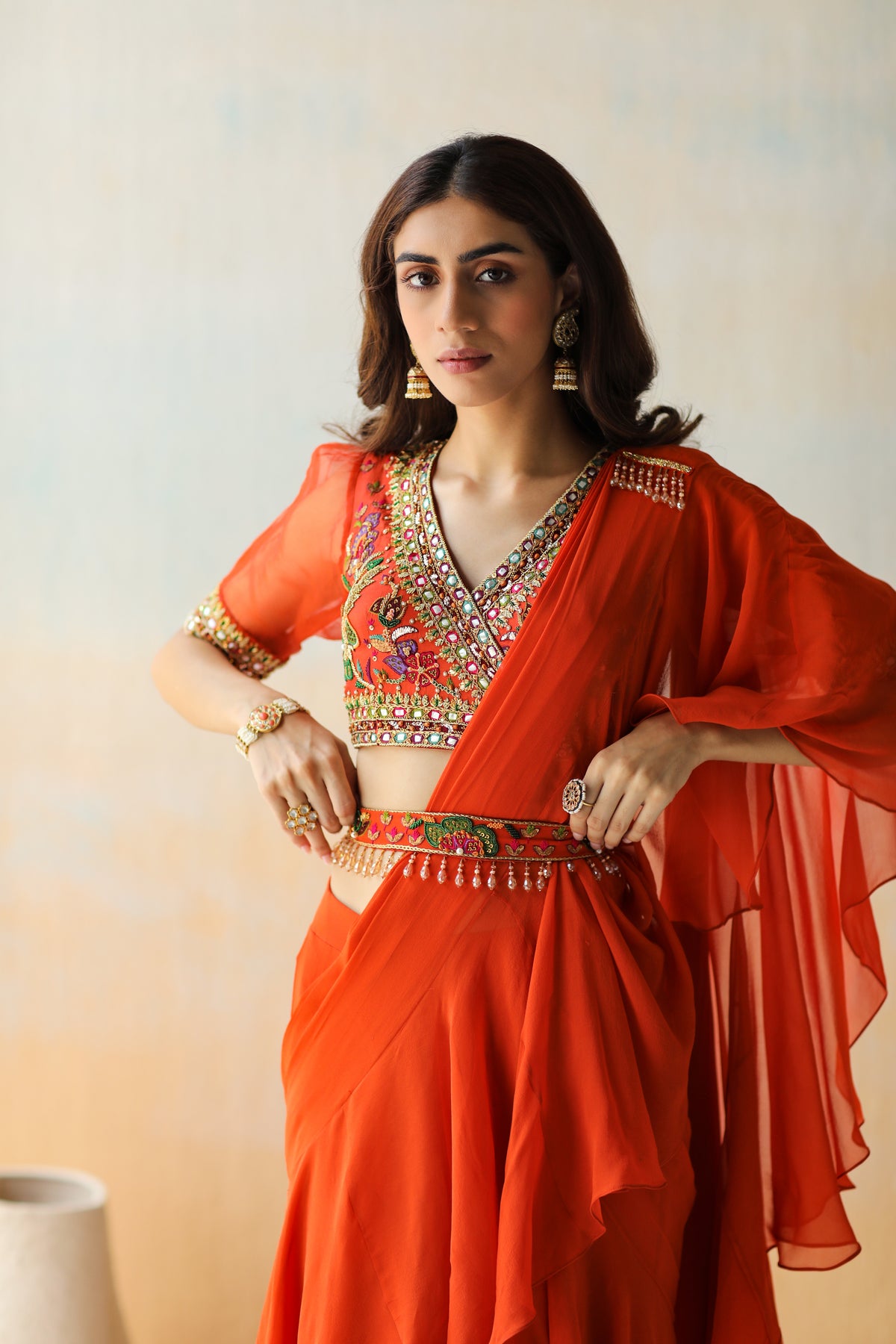 Fire Orange Pre-draped Saree Set