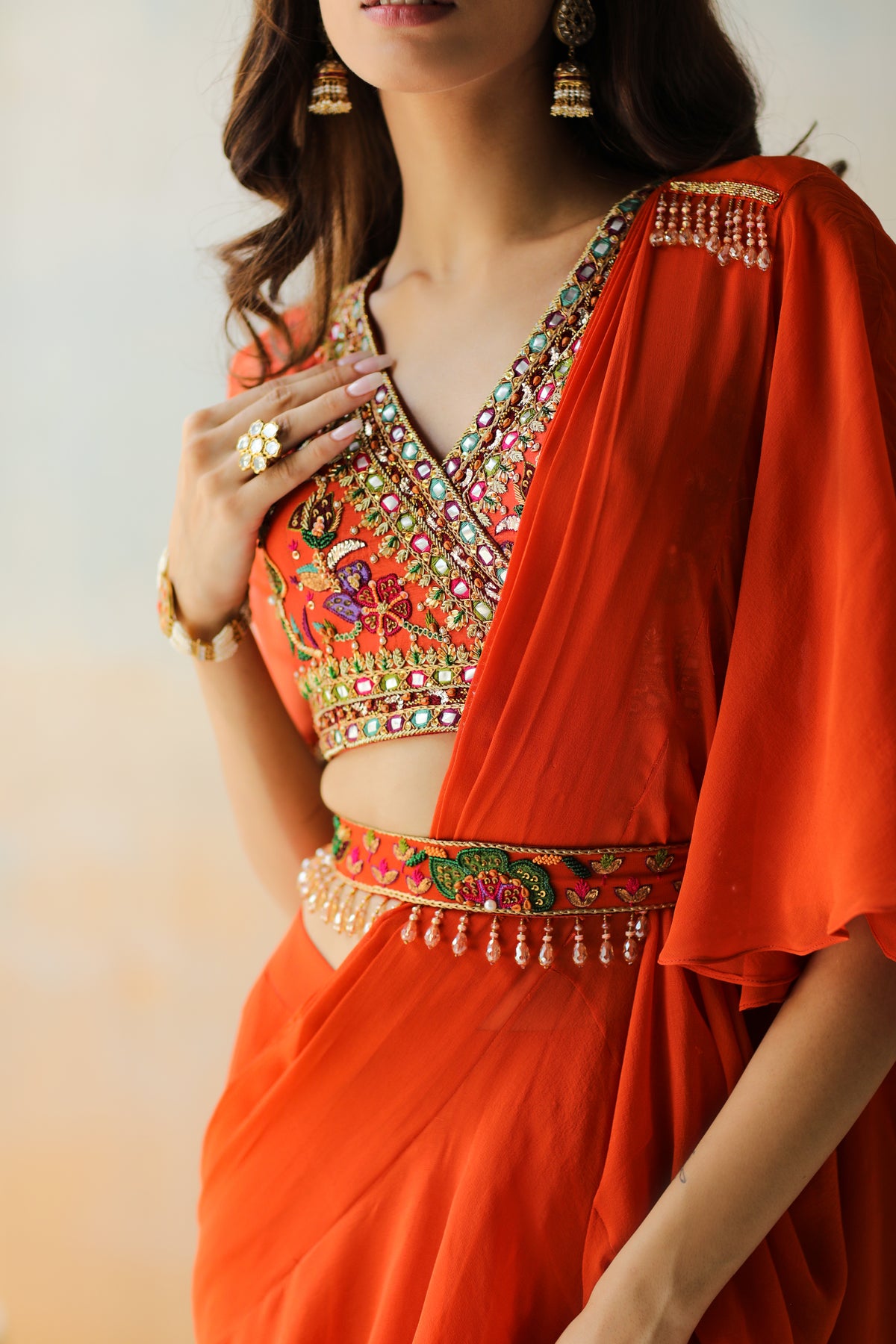 Fire Orange Pre-draped Saree Set