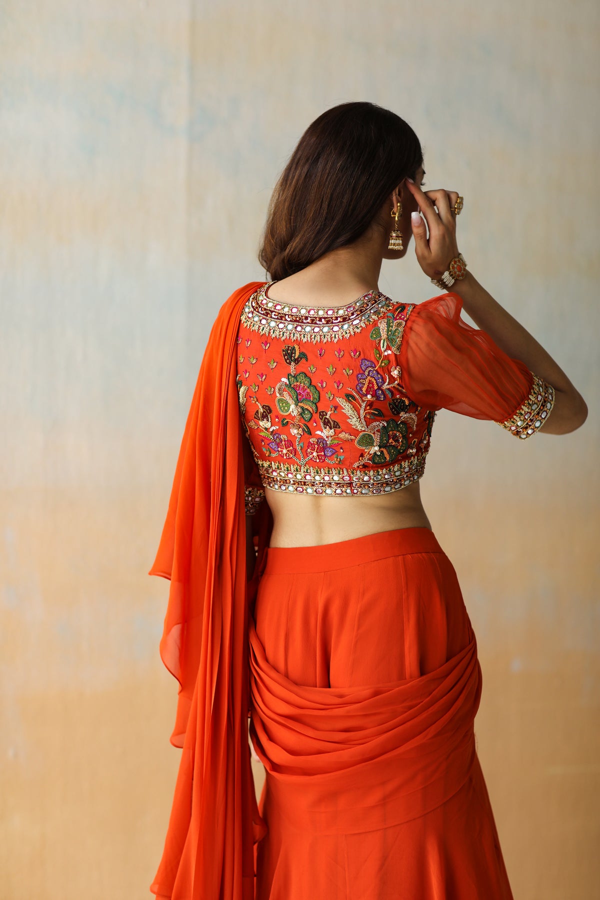 Fire Orange Pre-draped Saree Set