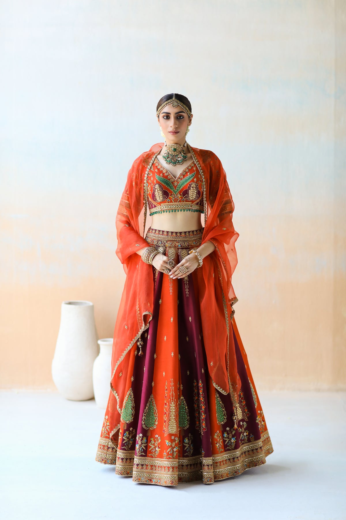 Fire Orange And Burgundy Lehenga Set