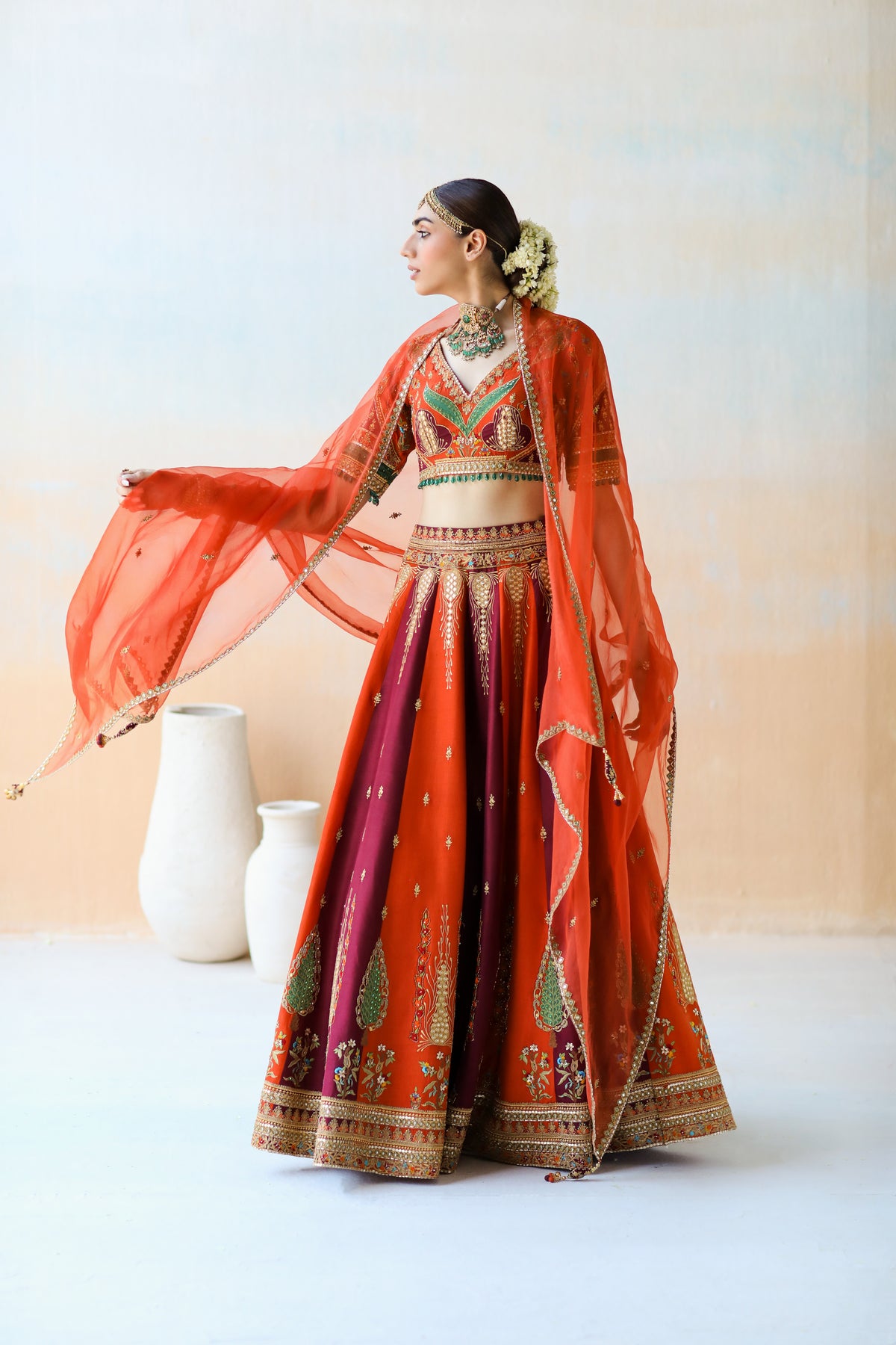 Fire Orange And Burgundy Lehenga Set