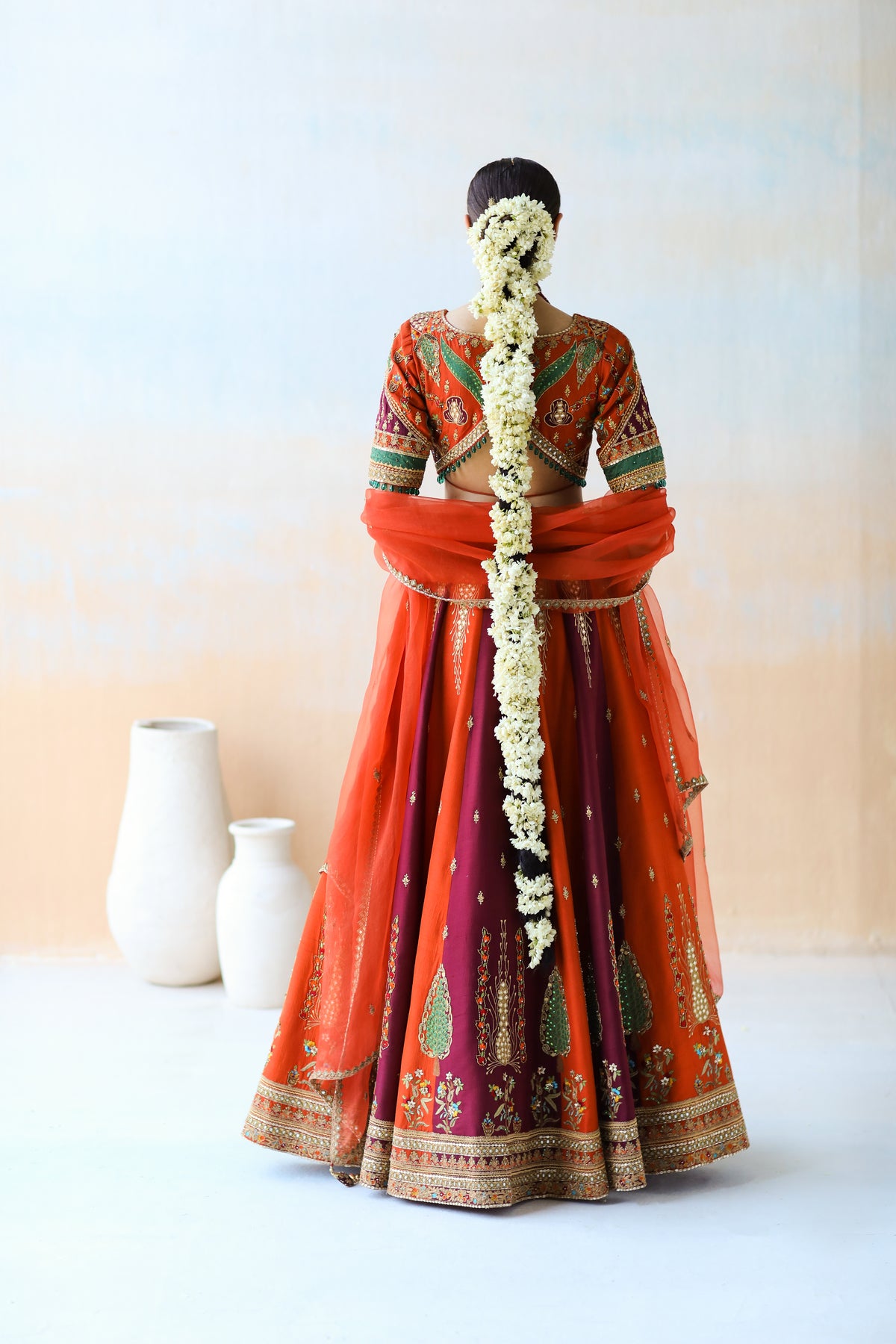 Fire Orange And Burgundy Lehenga Set