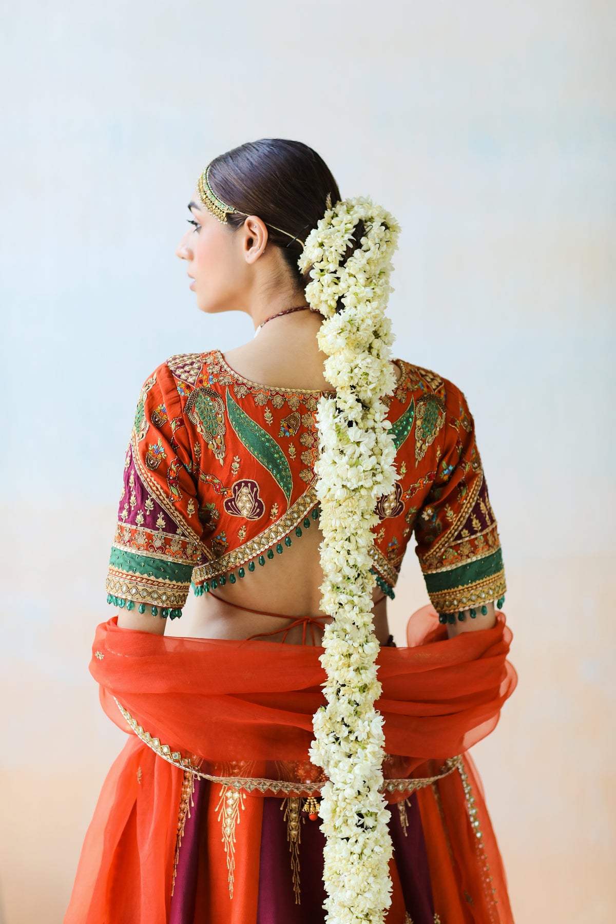 Fire Orange And Burgundy Lehenga Set