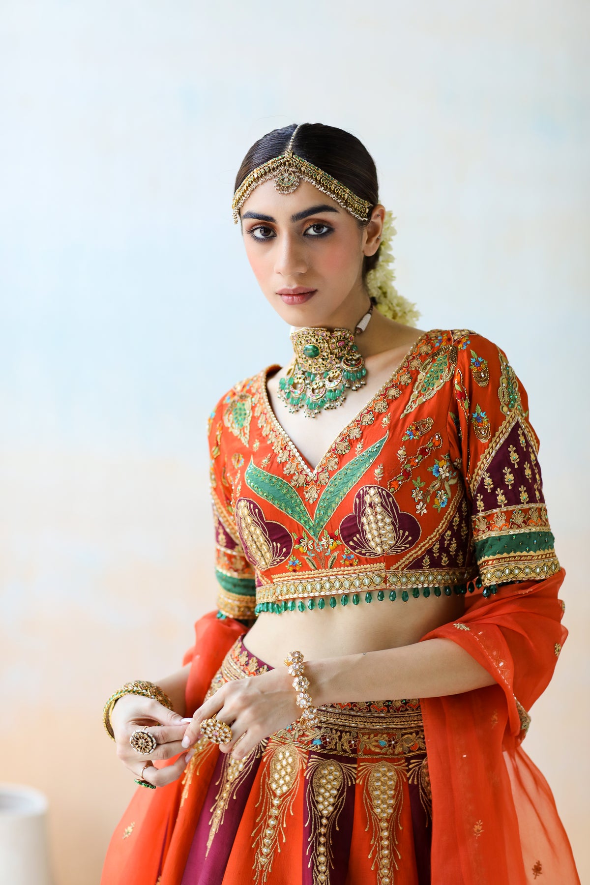 Fire Orange And Burgundy Lehenga Set