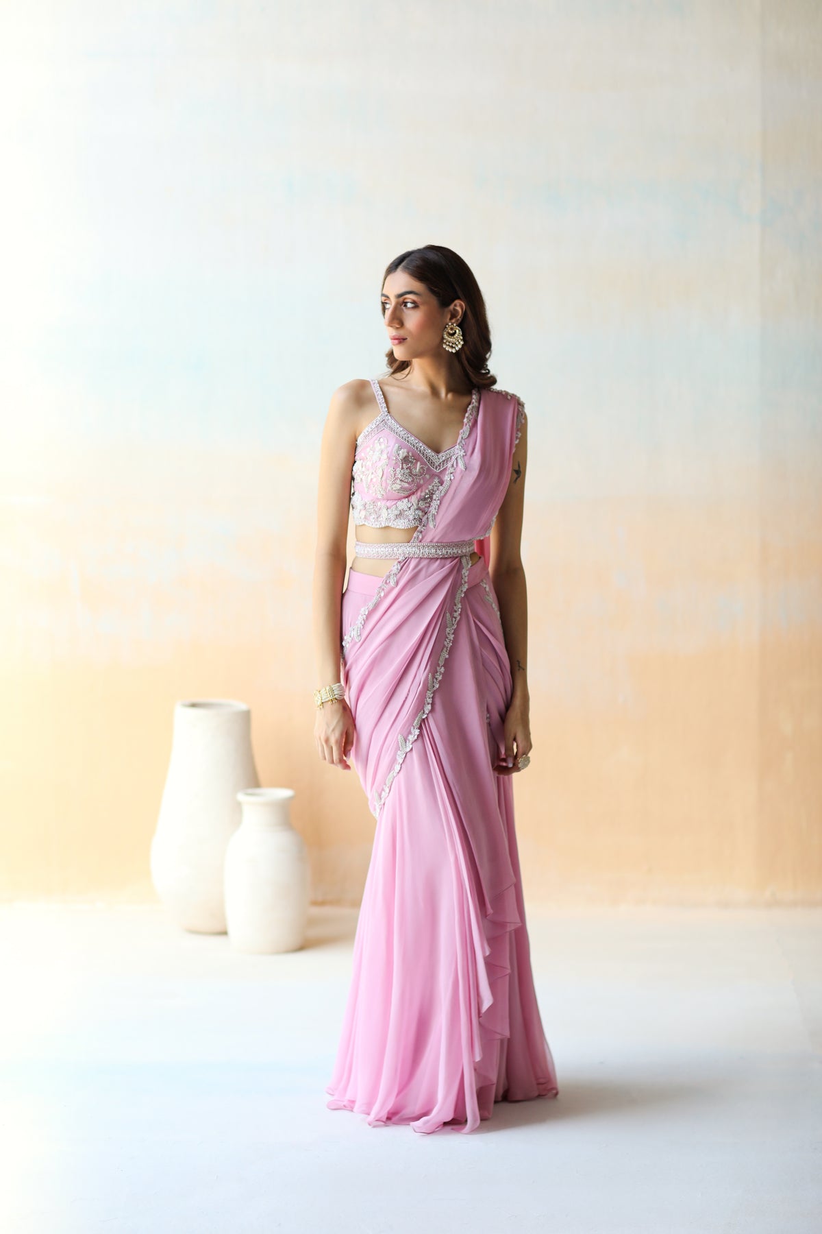 Lilac Pre-draped Saree Set