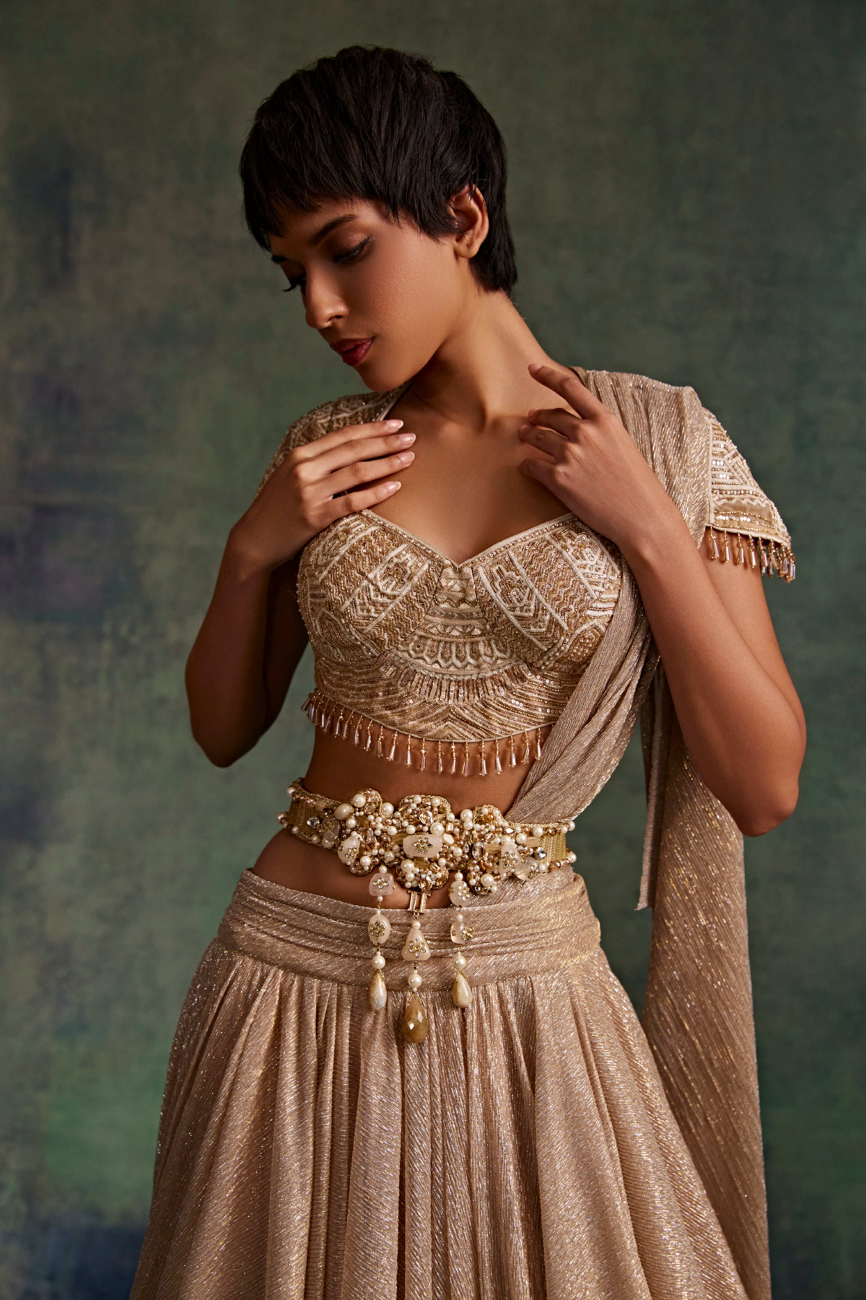 Tarun Tahiliani Accessories Ivory Jeweled Belt Elahe