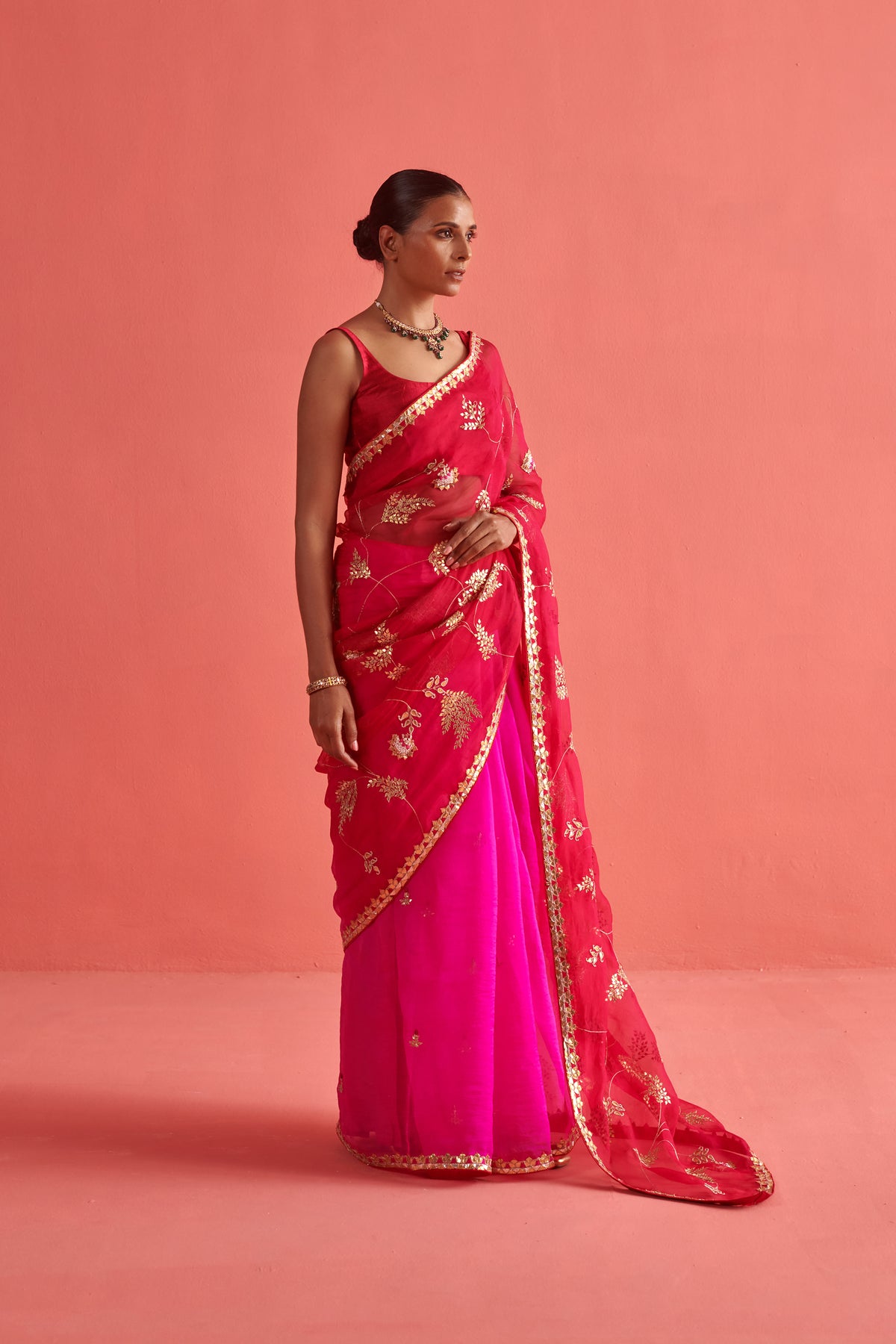 Red Pink Embroidered Saree Set