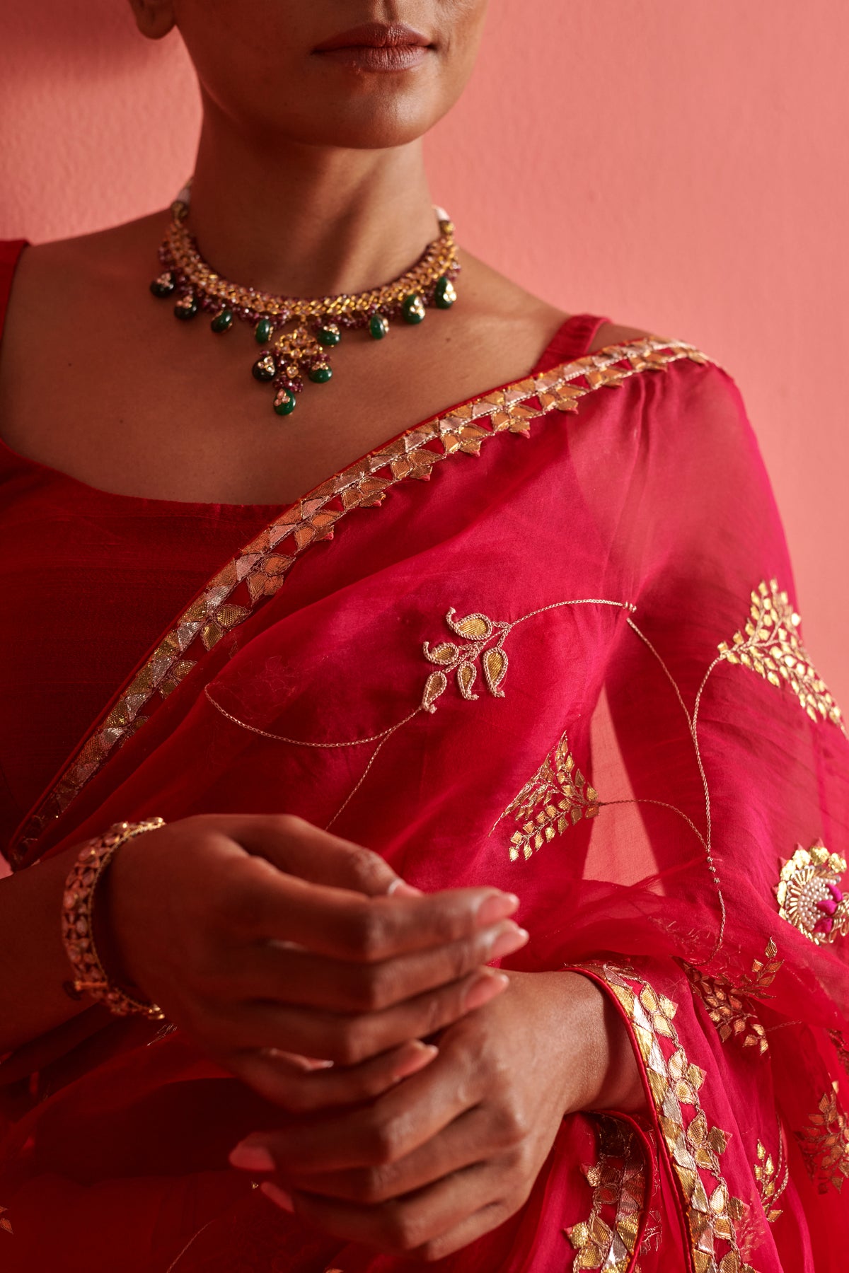 Red Pink Embroidered Saree Set