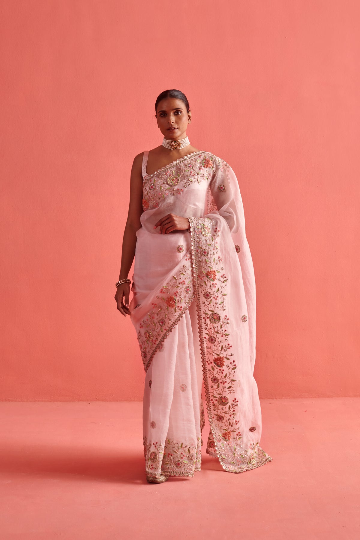 Powdered Pink Embroidered Saree Set
