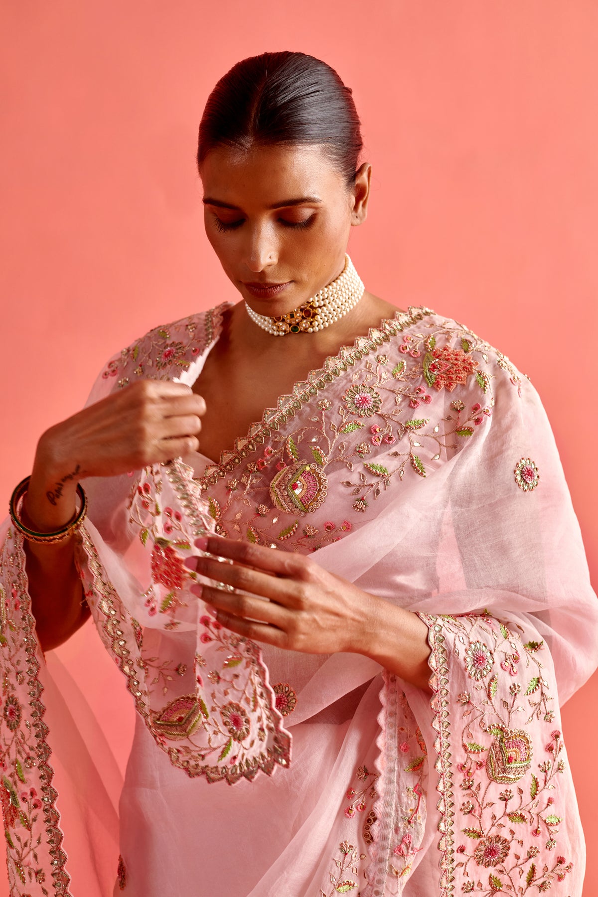 Powdered Pink Embroidered Saree Set