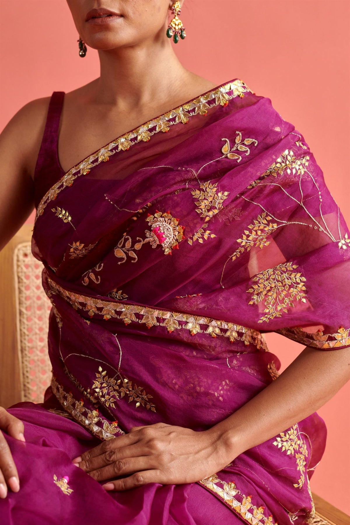Magenta Hand Embroidered Saree Set