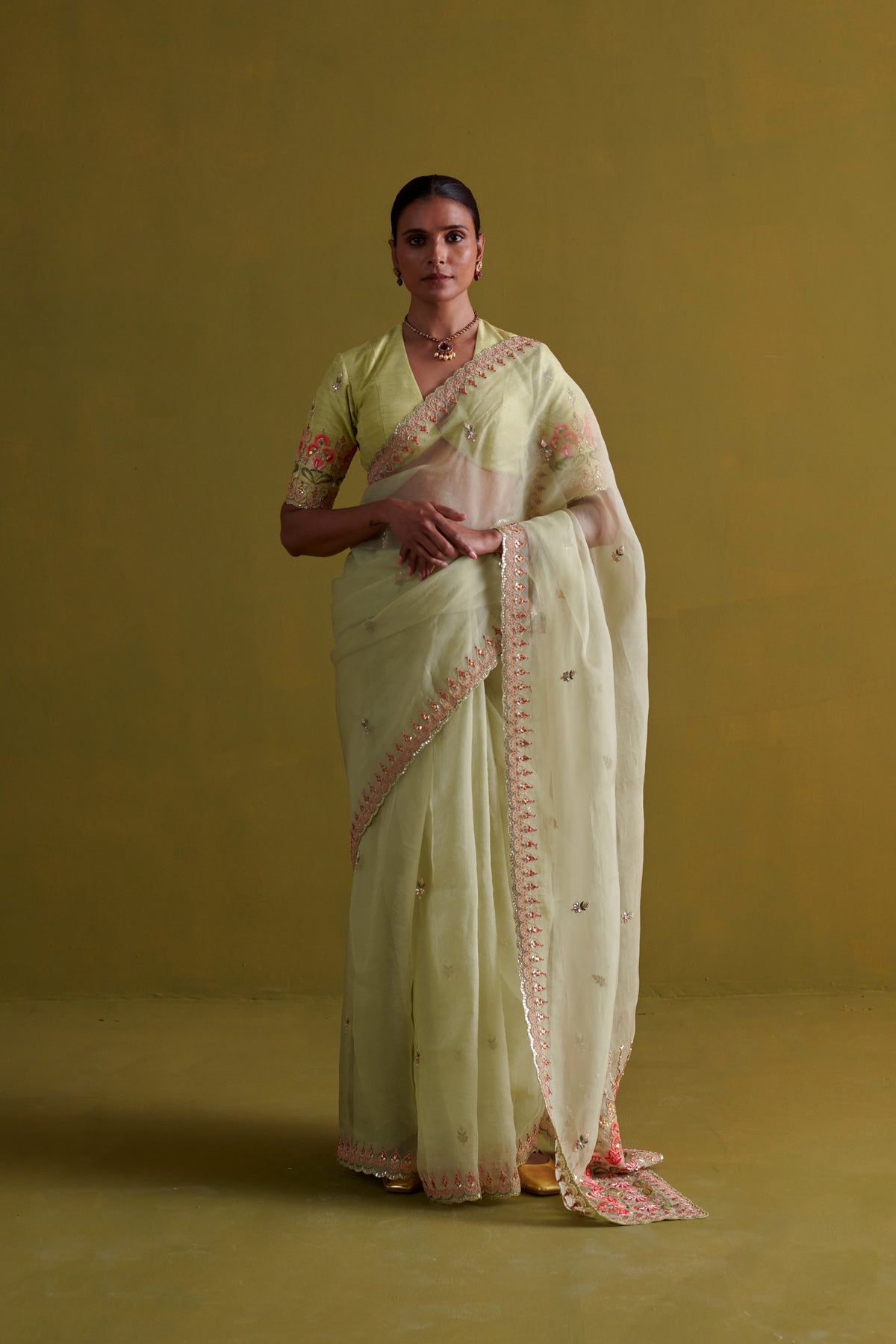 Sage Green Embroidered Saree Set