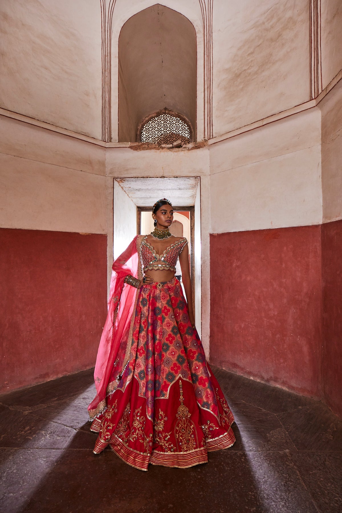 Banarsi Chanderi Coral Lehenga Set