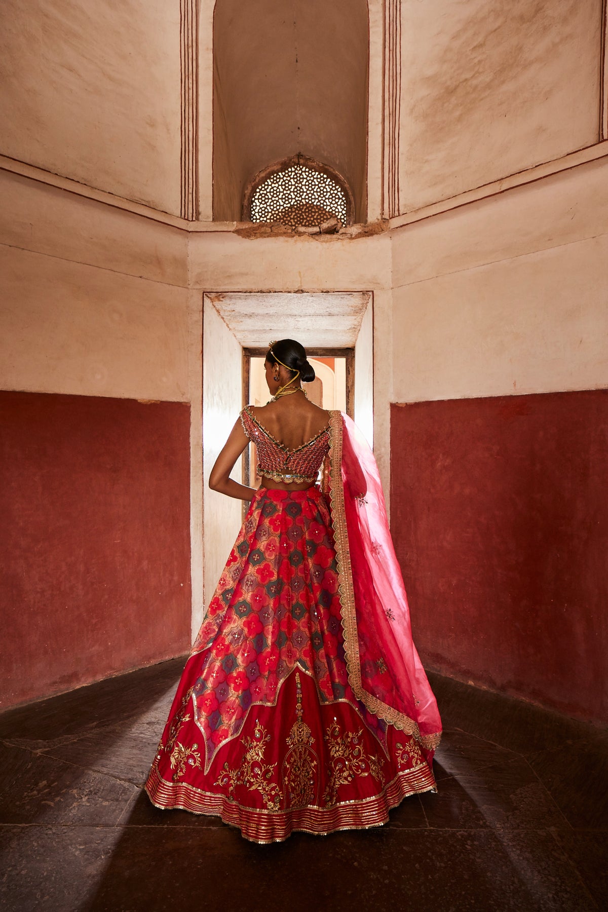 Banarsi Chanderi Coral Lehenga Set