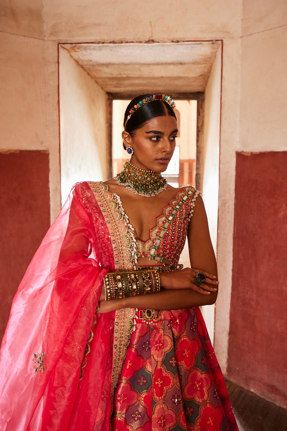 Banarsi Chanderi Coral Lehenga Set