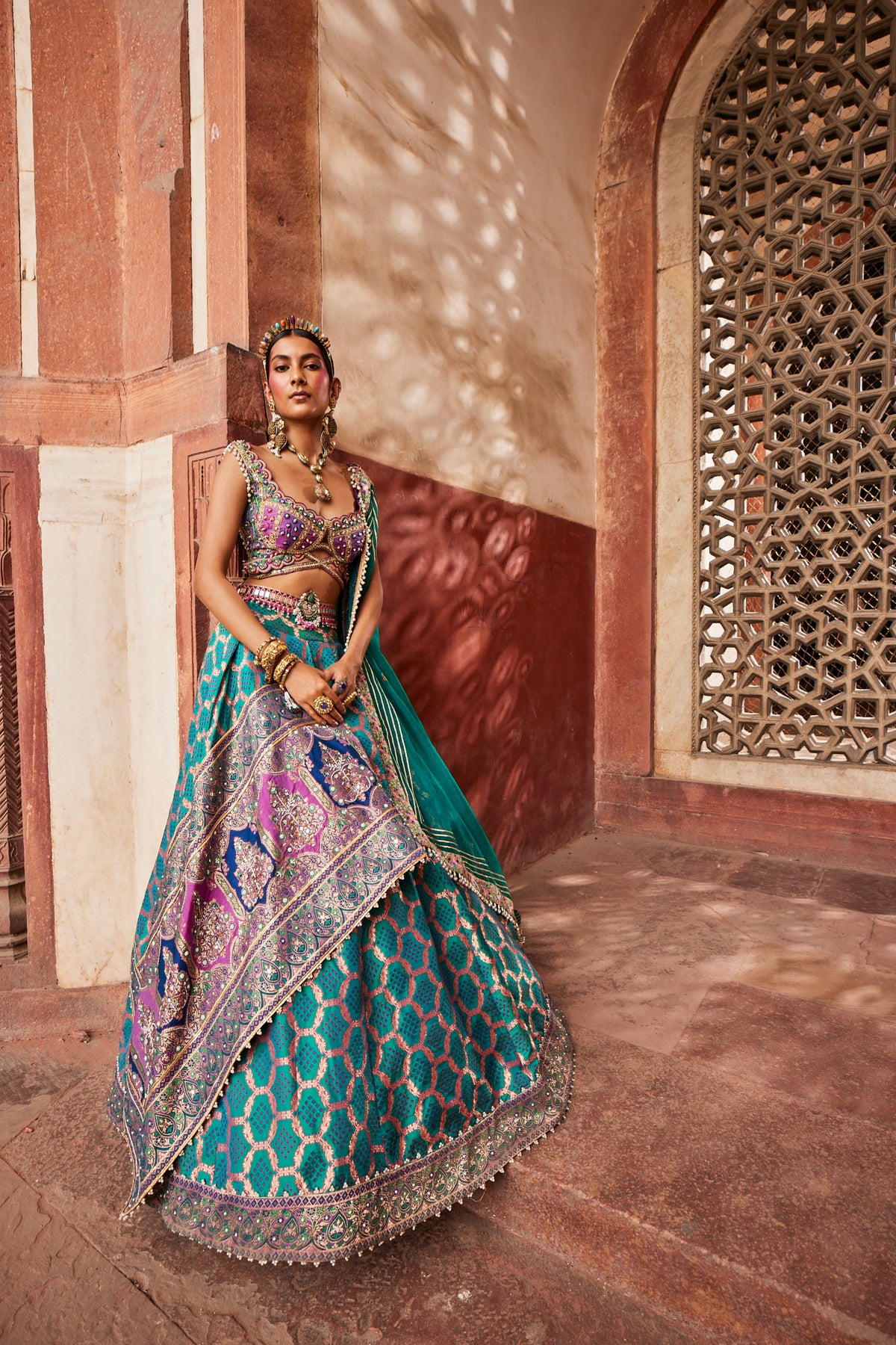 Teal Bandhani Banarasi Lehenga Set