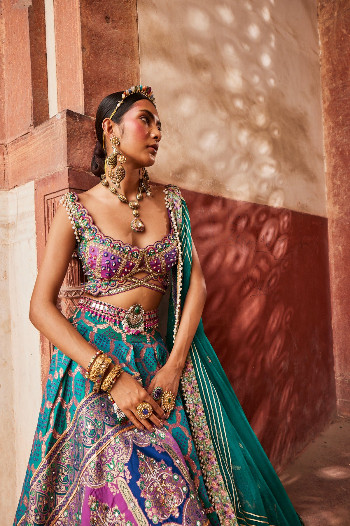 Teal Bandhani Banarasi Lehenga Set