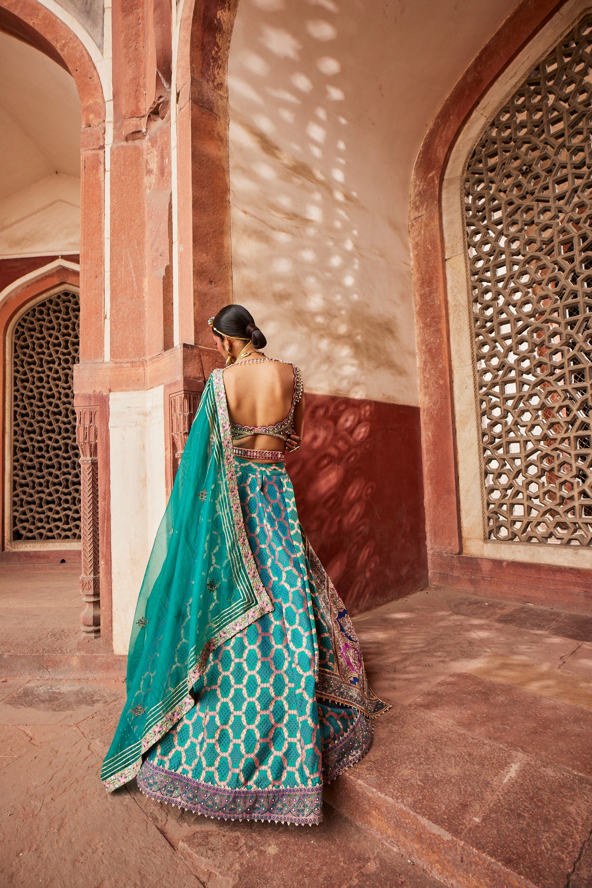 Teal Bandhani Banarasi Lehenga Set