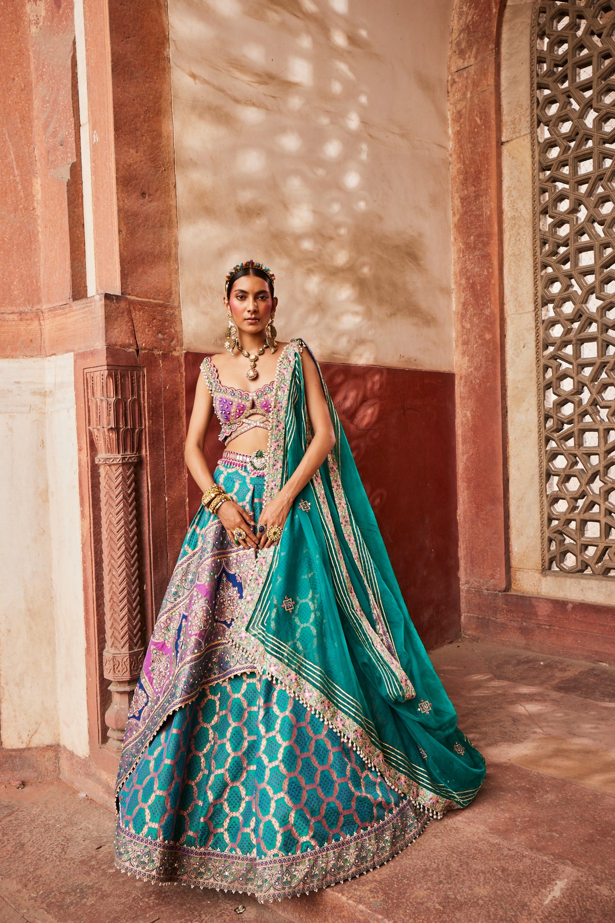 Teal Bandhani Banarasi Lehenga Set