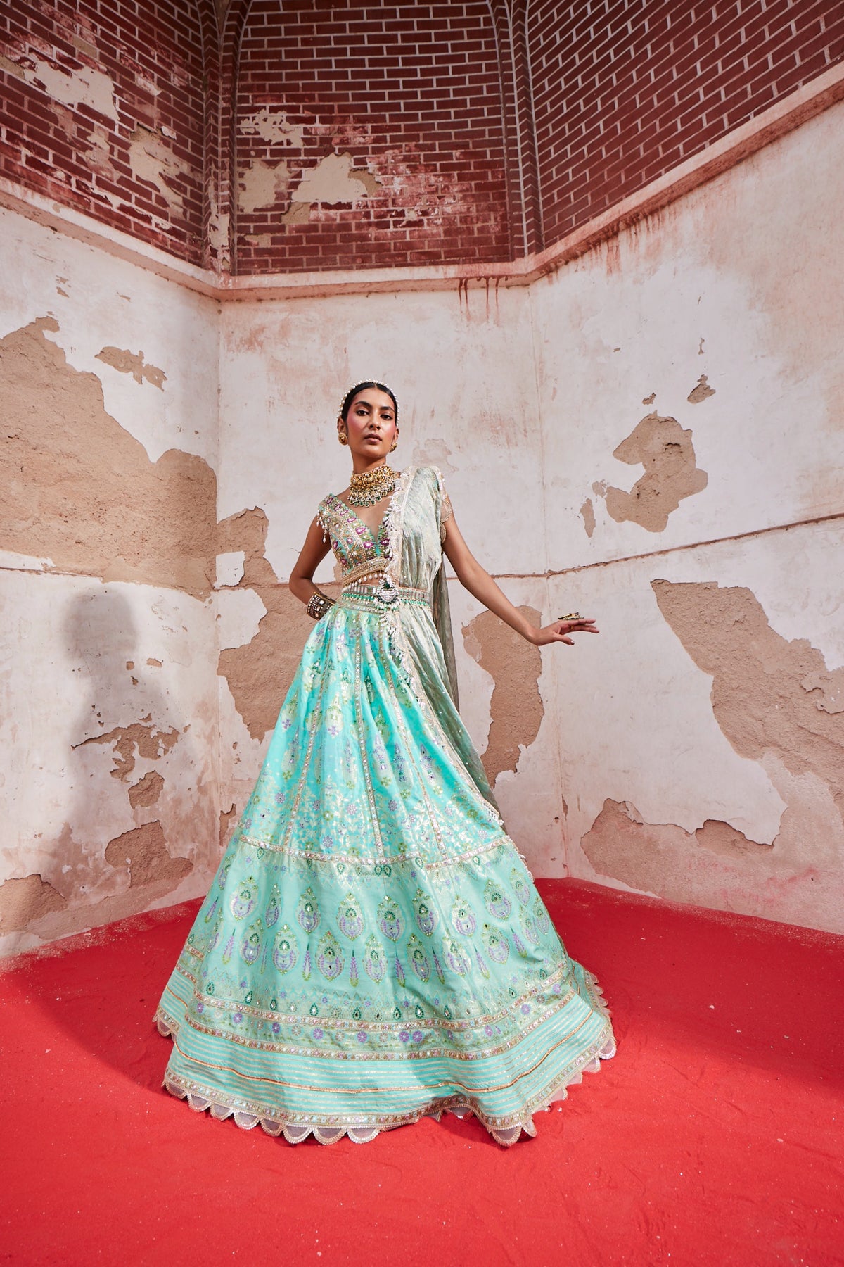 Turquoise Chanderi Banarasi Lehenga Set