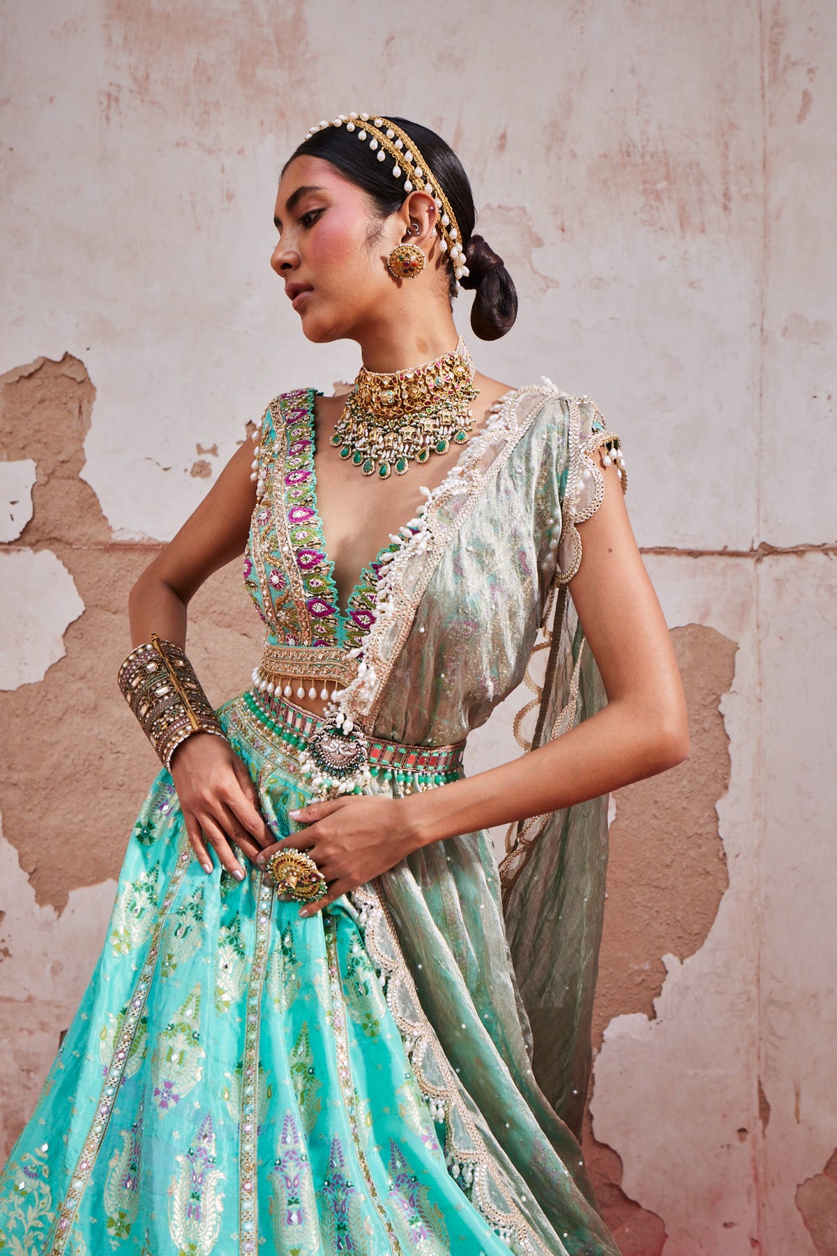 Turquoise Chanderi Banarasi Lehenga Set