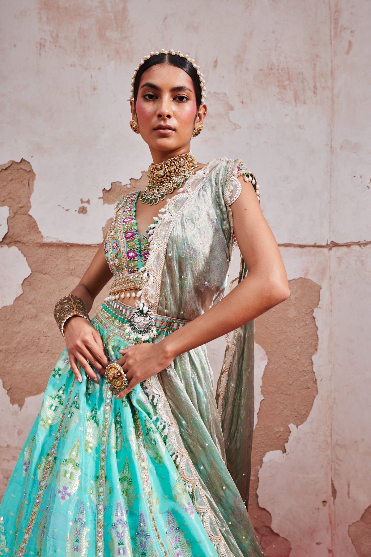 Turquoise Chanderi Banarasi Lehenga Set