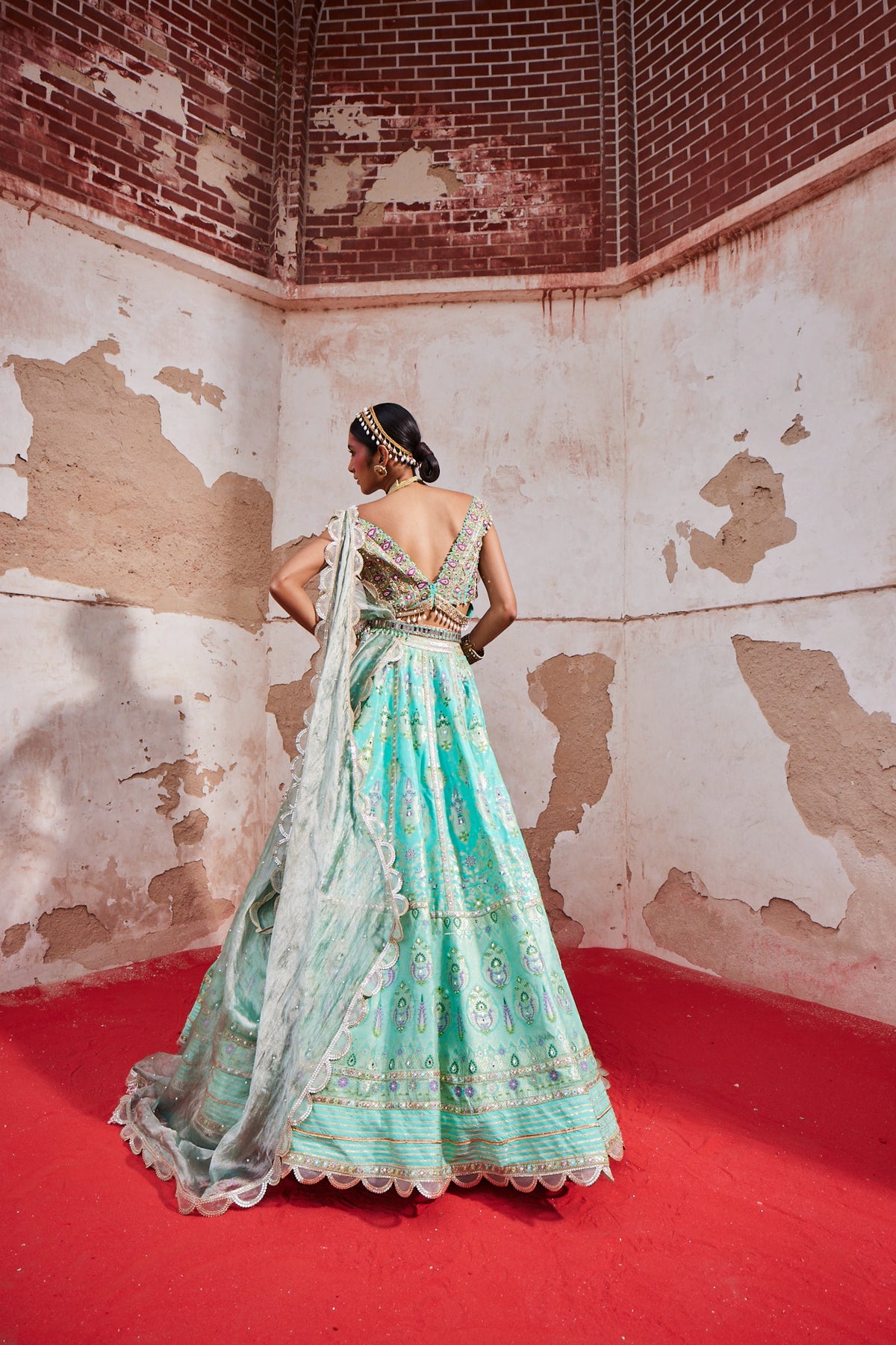 Turquoise Chanderi Banarasi Lehenga Set