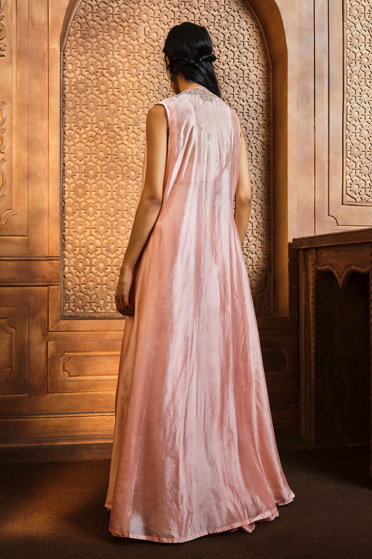 Salmon Pink Zardosi Cape Sharara Set