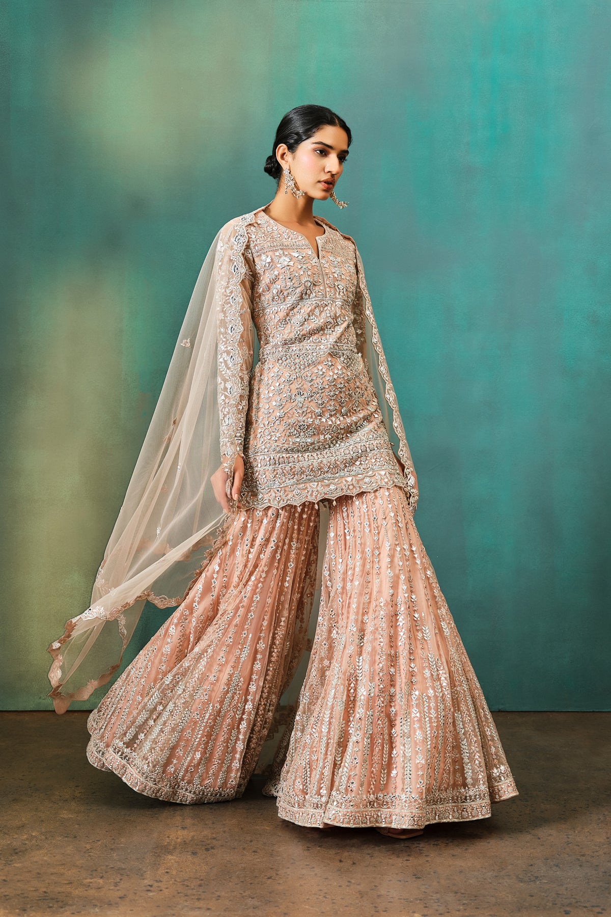 Nude Foil Applique Net Kurta Sharara Set