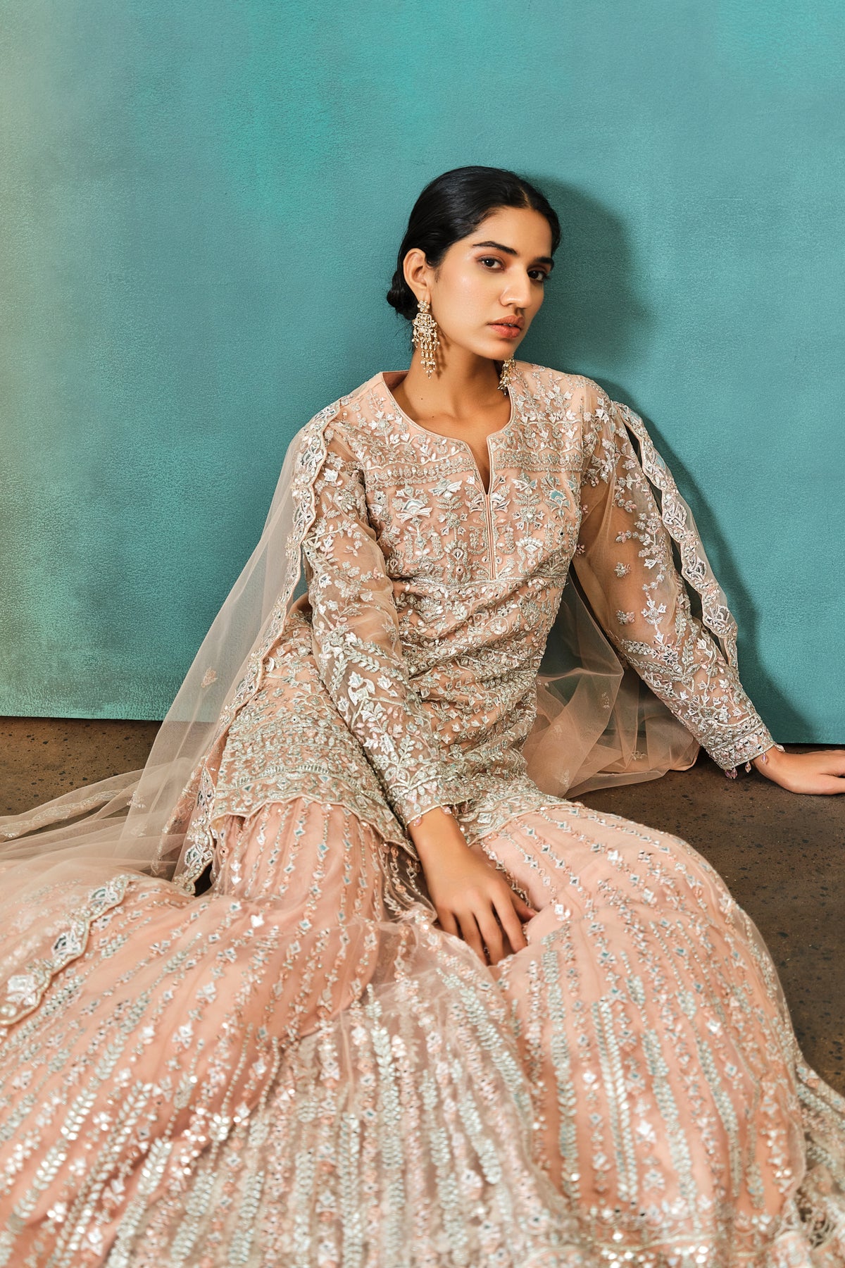 Nude Foil Applique Net Kurta Sharara Set