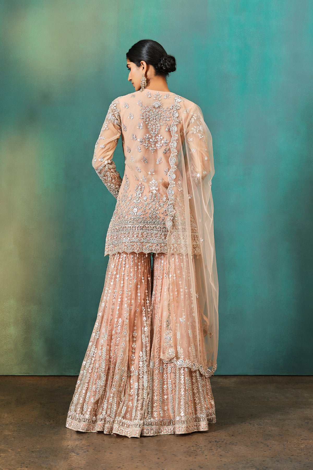 Nude Foil Applique Net Kurta Sharara Set