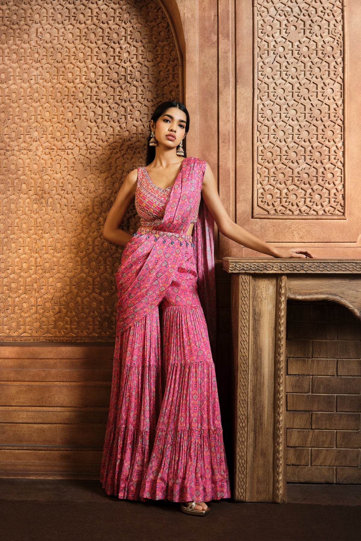 Pink Persian Printed Draped Sharara Set