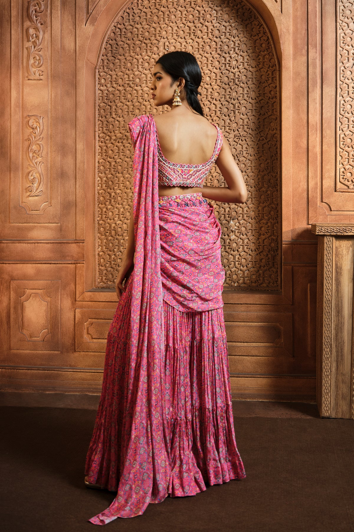 Pink Persian Printed Draped Sharara Set