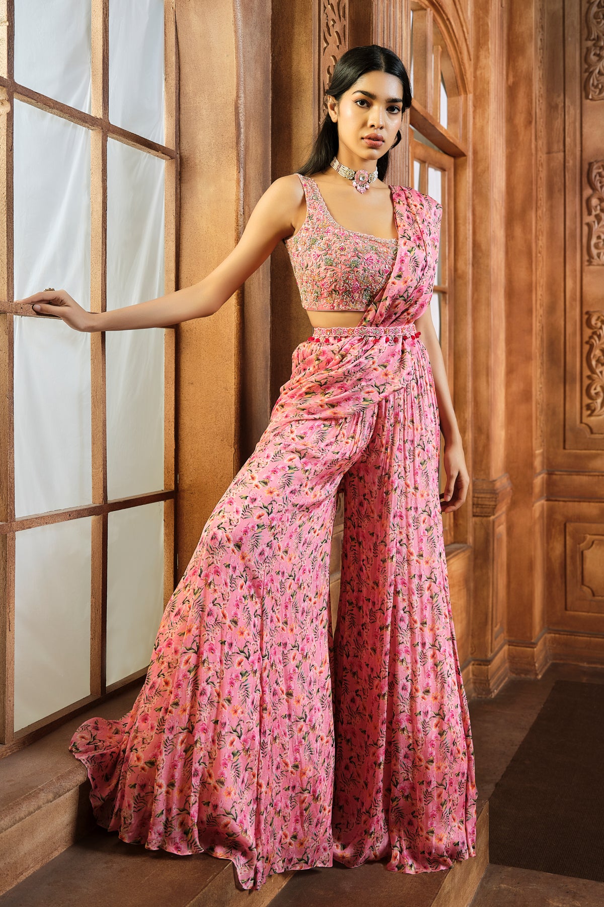 Pink Floral Printed Split Sharara Set