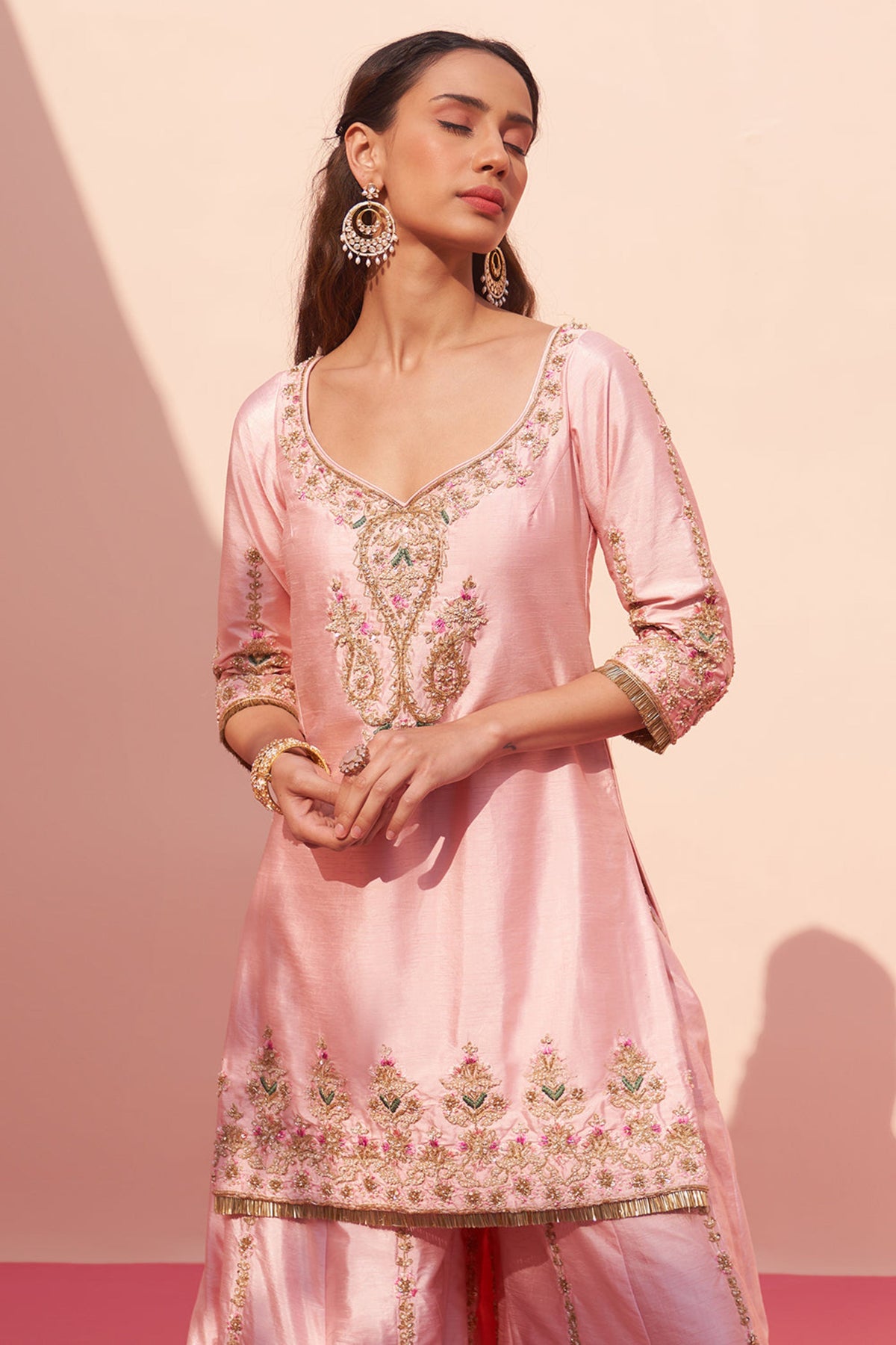 Pink Raw Silk Sharara Set