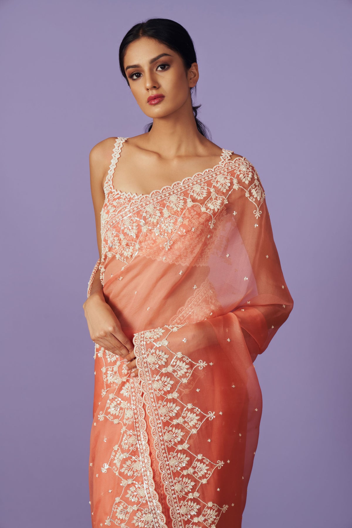 Leh Maryul Coral Saree Set