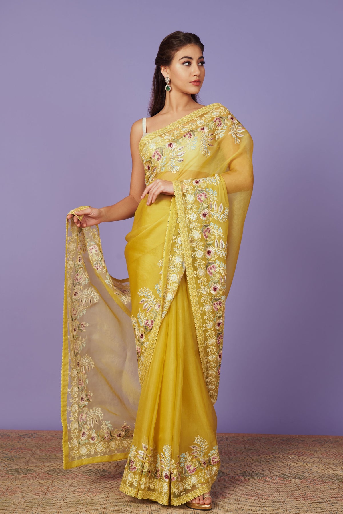 Multi Thread Work Yellow Saree Set