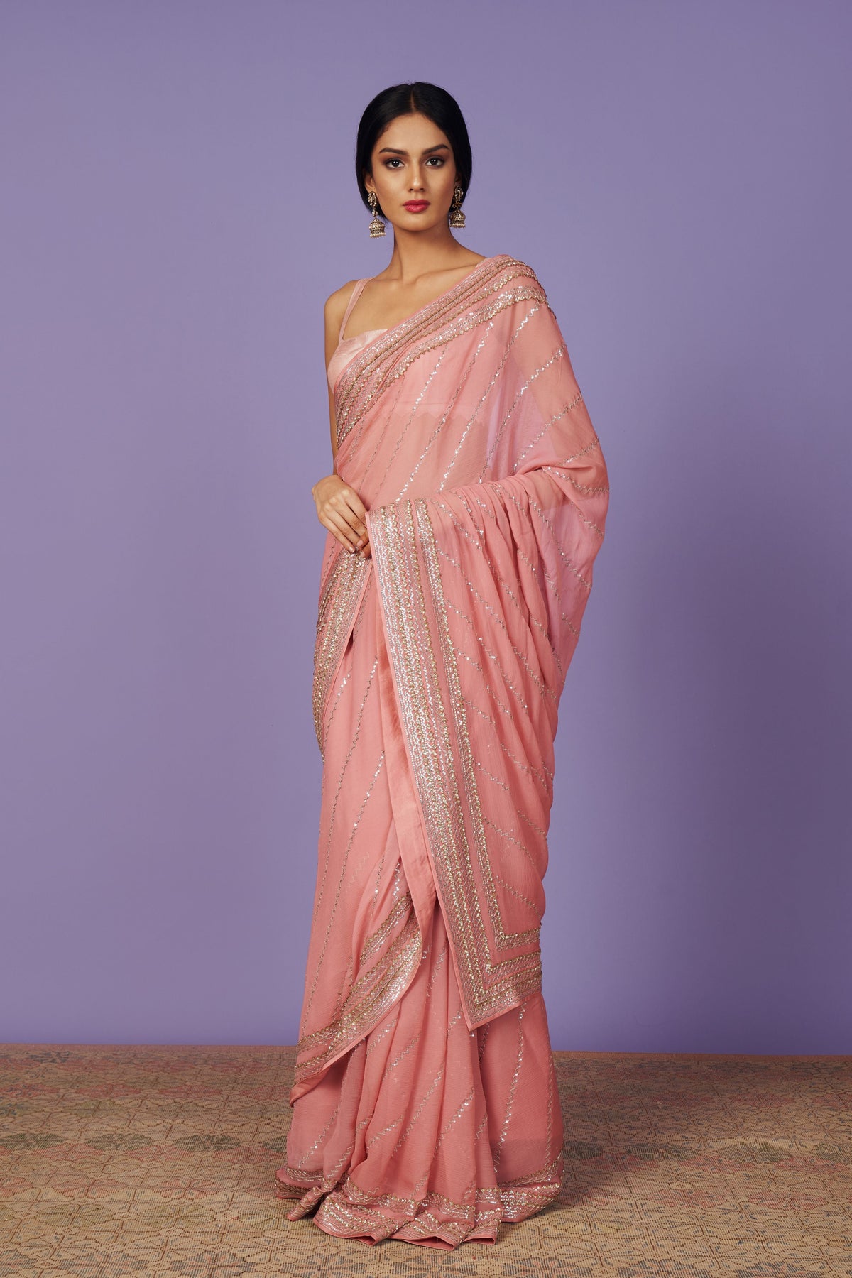 Sequins Border Pink Saree Set