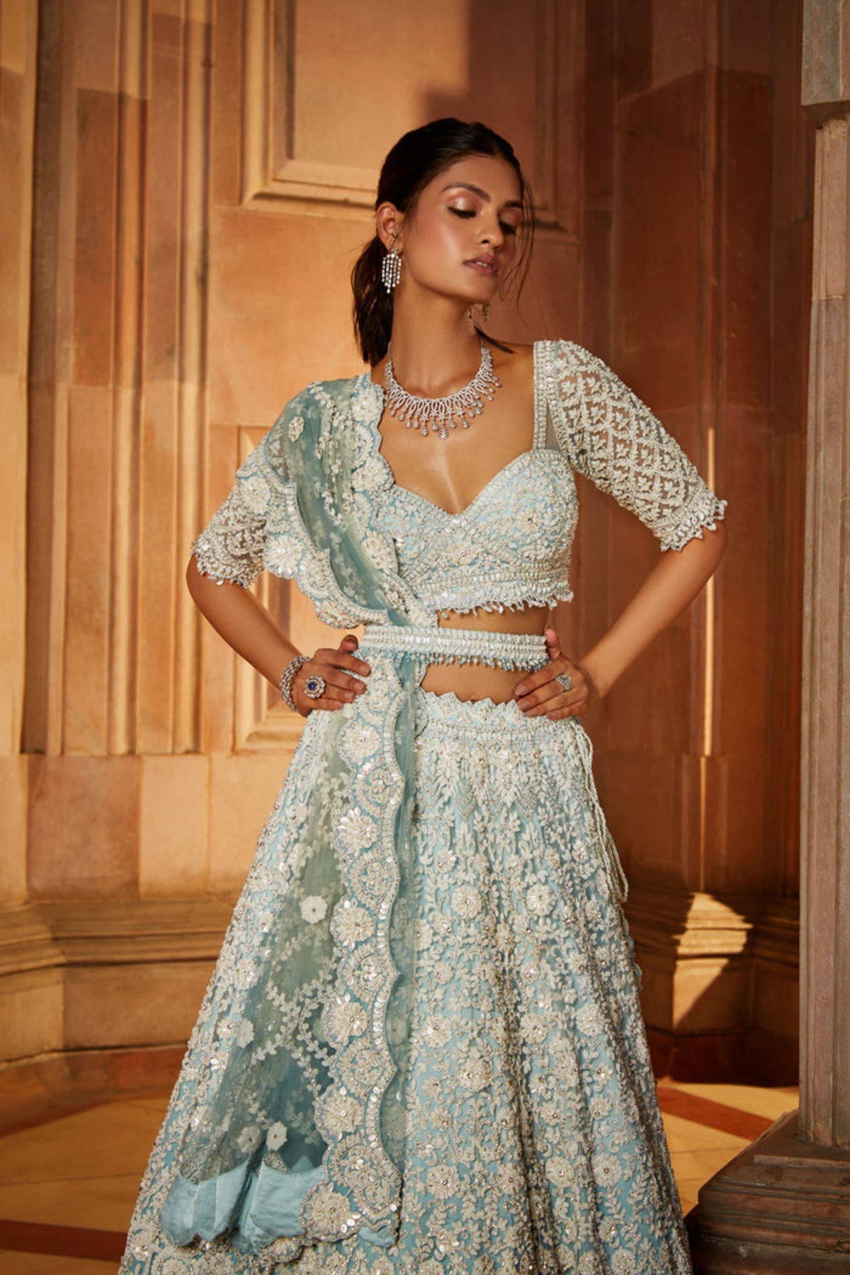 Aqua Ombrey Tulle Lehenga Set