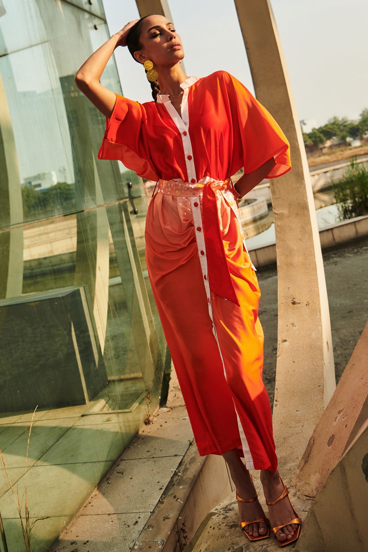 Orange Pleated Midi Dress