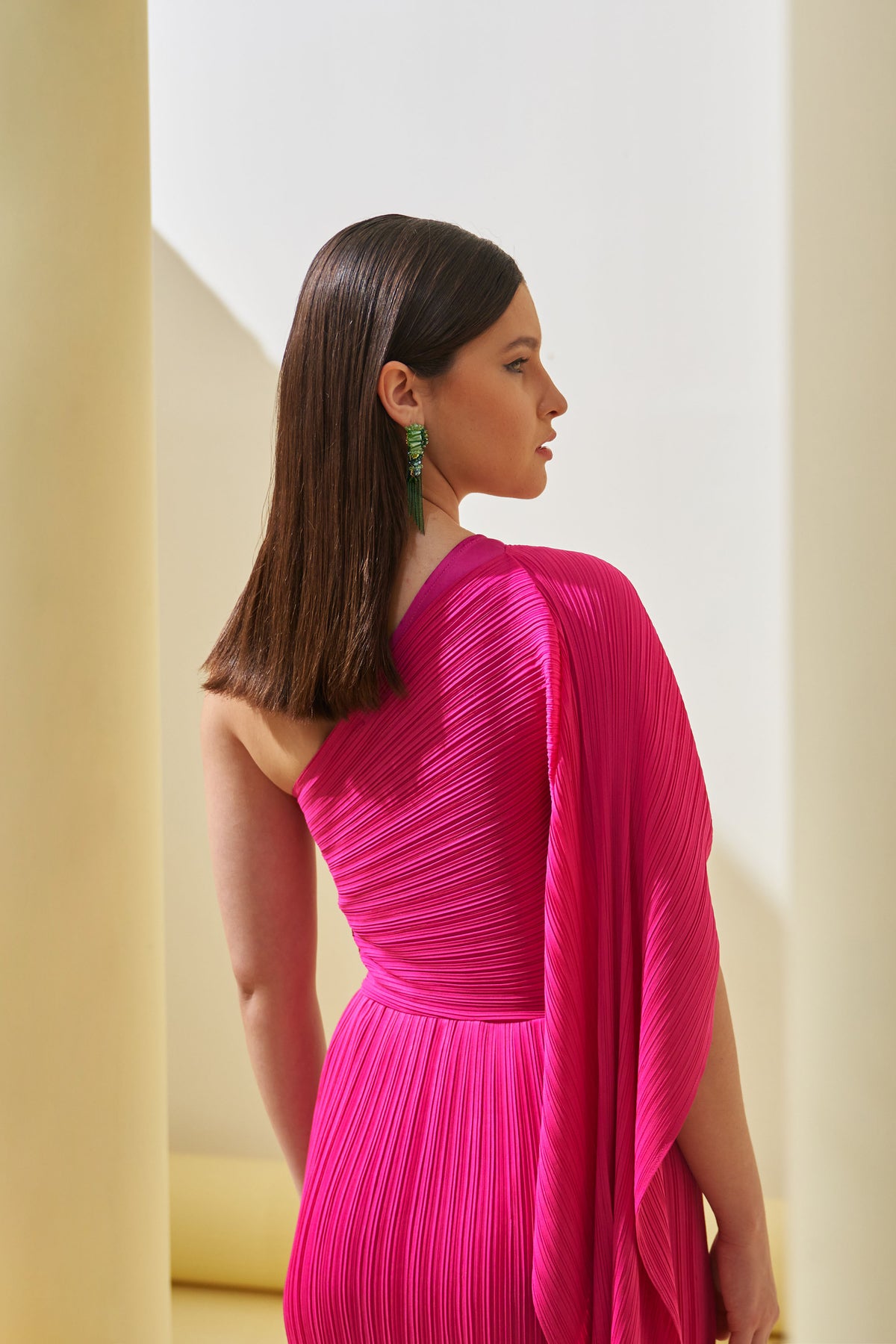 Fuscia One Shoulder Drape Dress