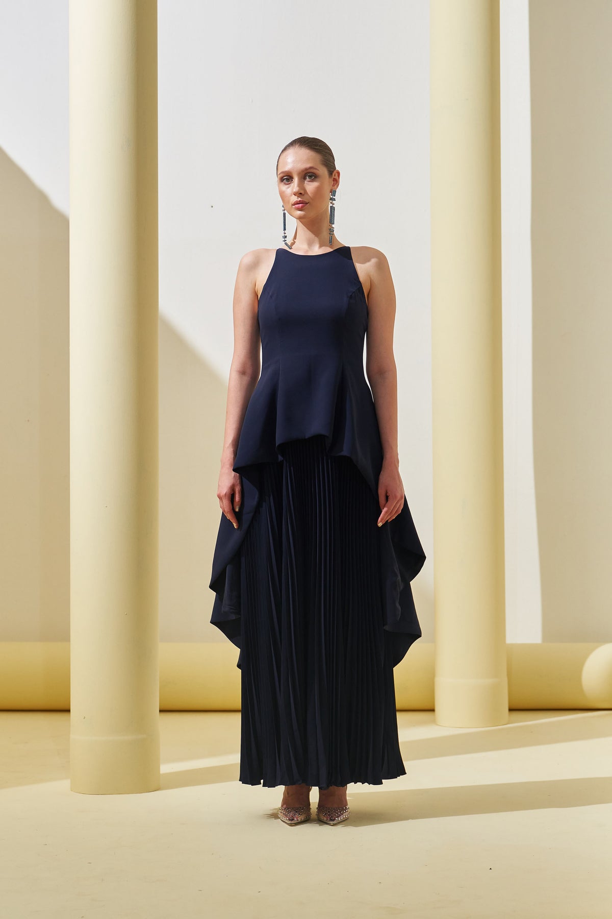 Blue Peplum Pleated Gown