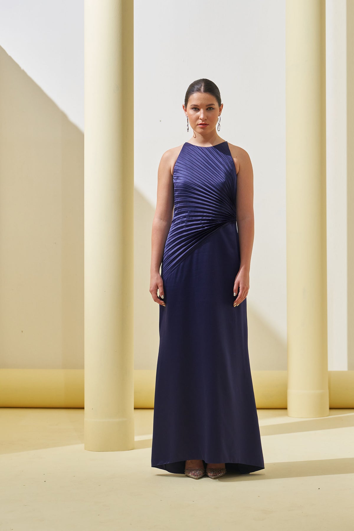 Blue Pleated Drape Gown