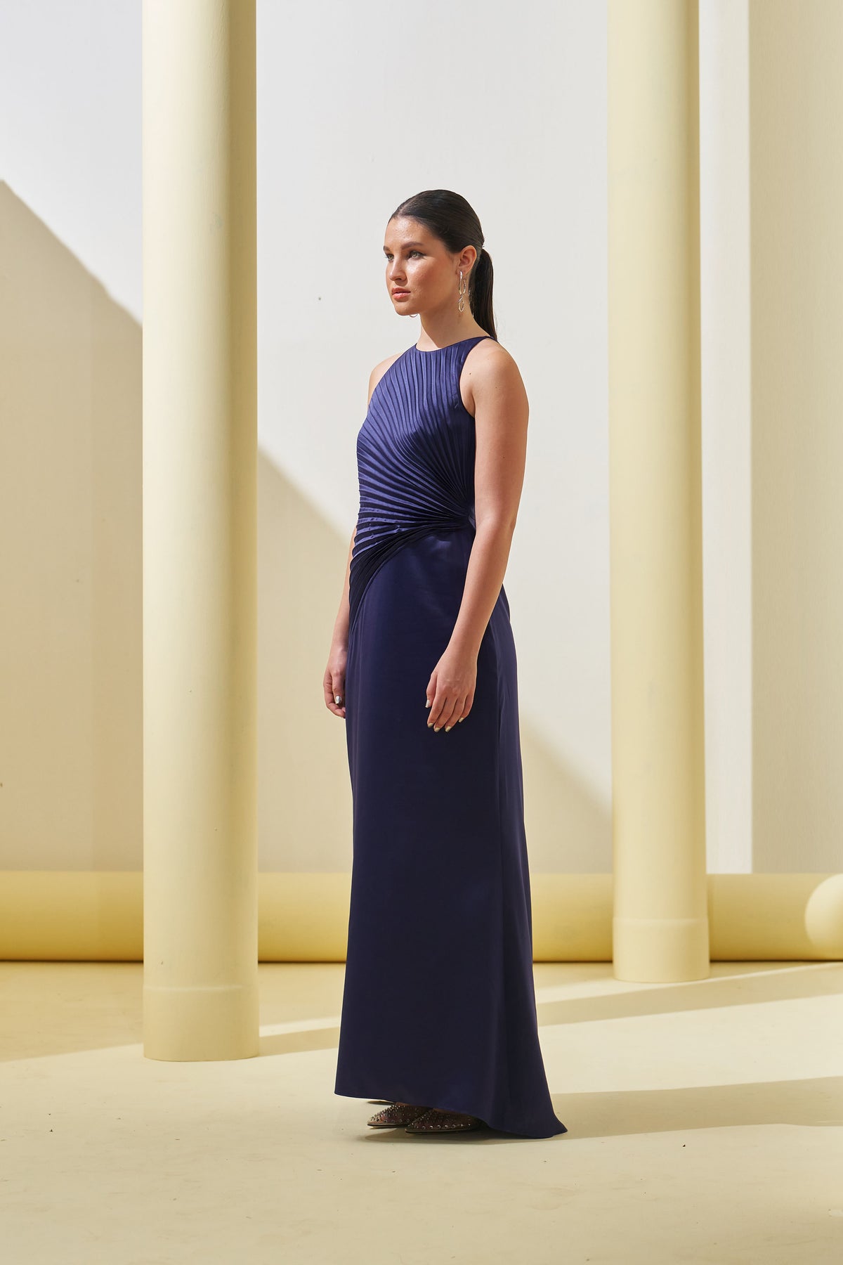 Blue Pleated Drape Gown