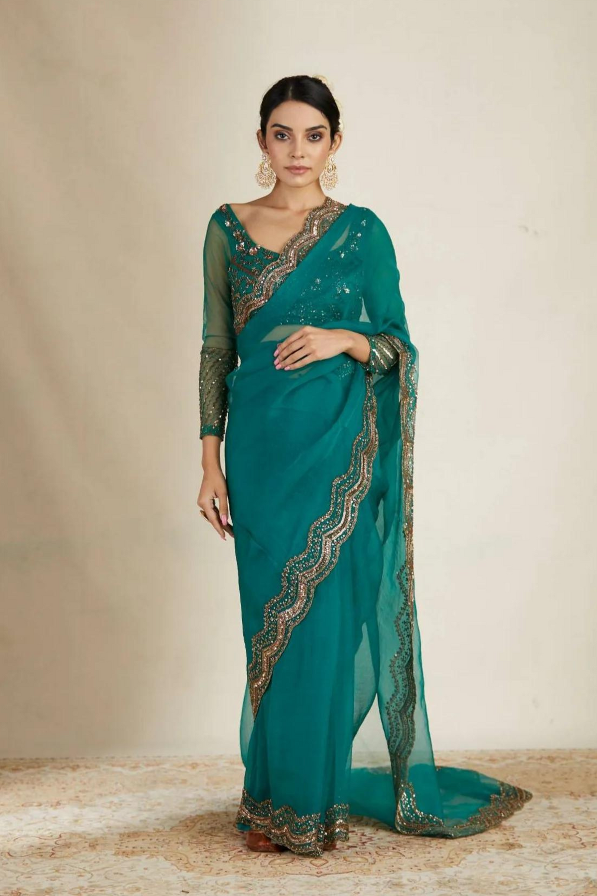 Teal Green Organza Sequence Saree