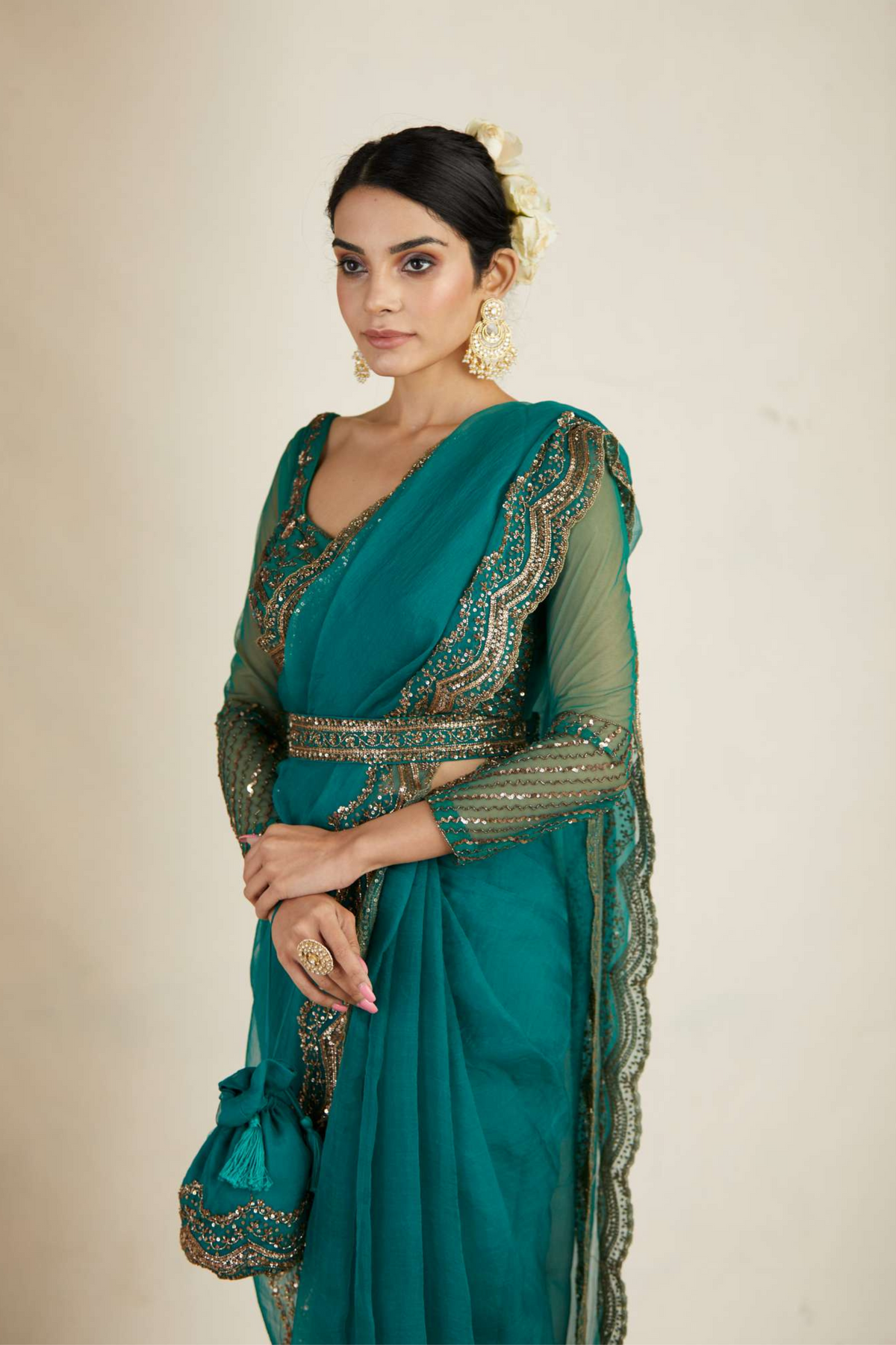 Teal Green Organza Sequence Saree