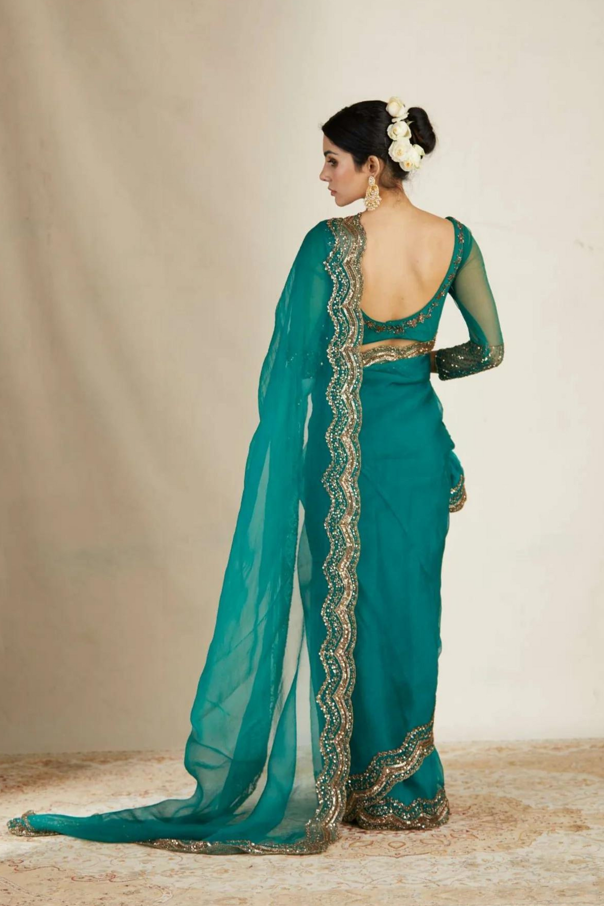 Teal Green Organza Sequence Saree