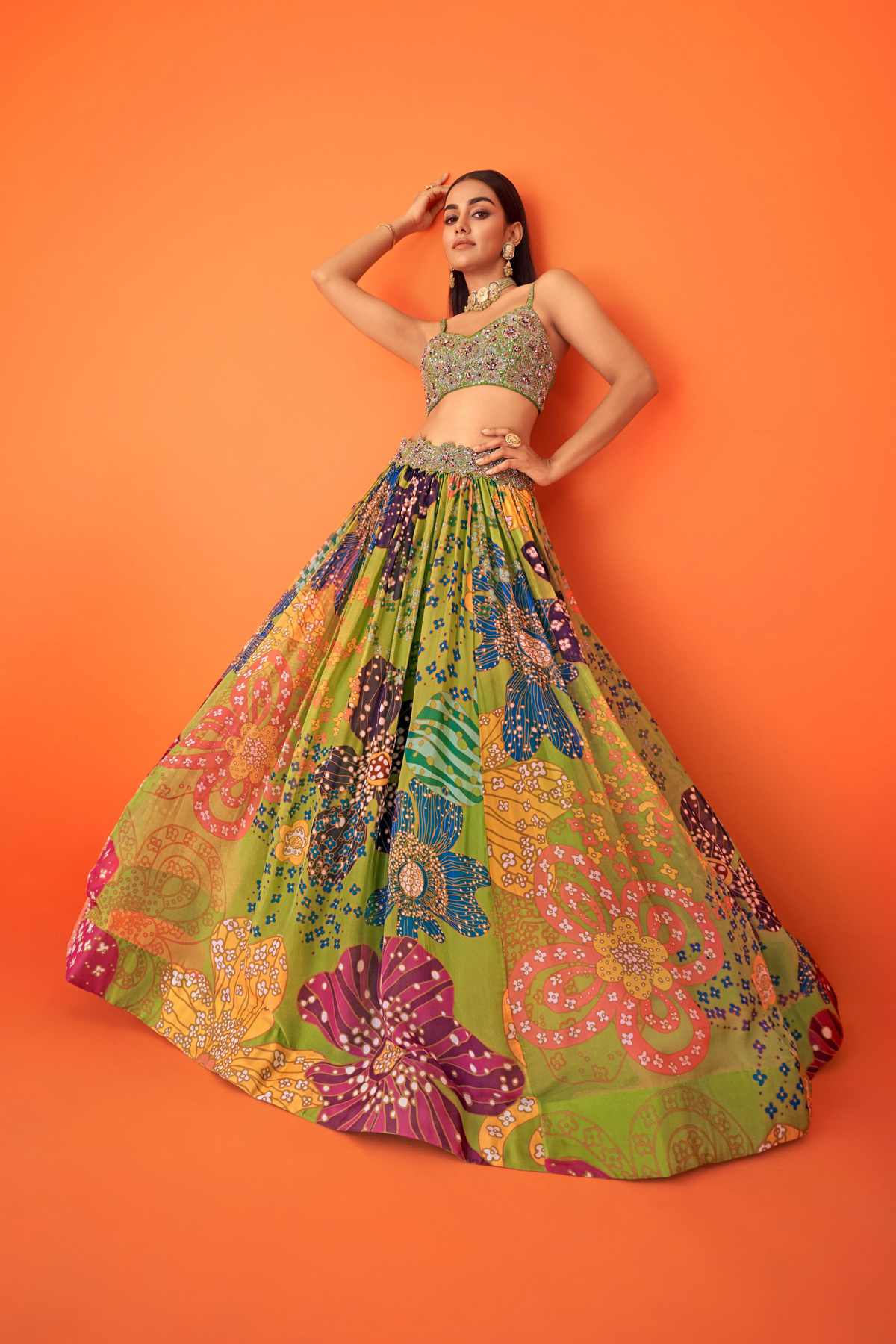 Green Floral Indowestern Lehenga Set