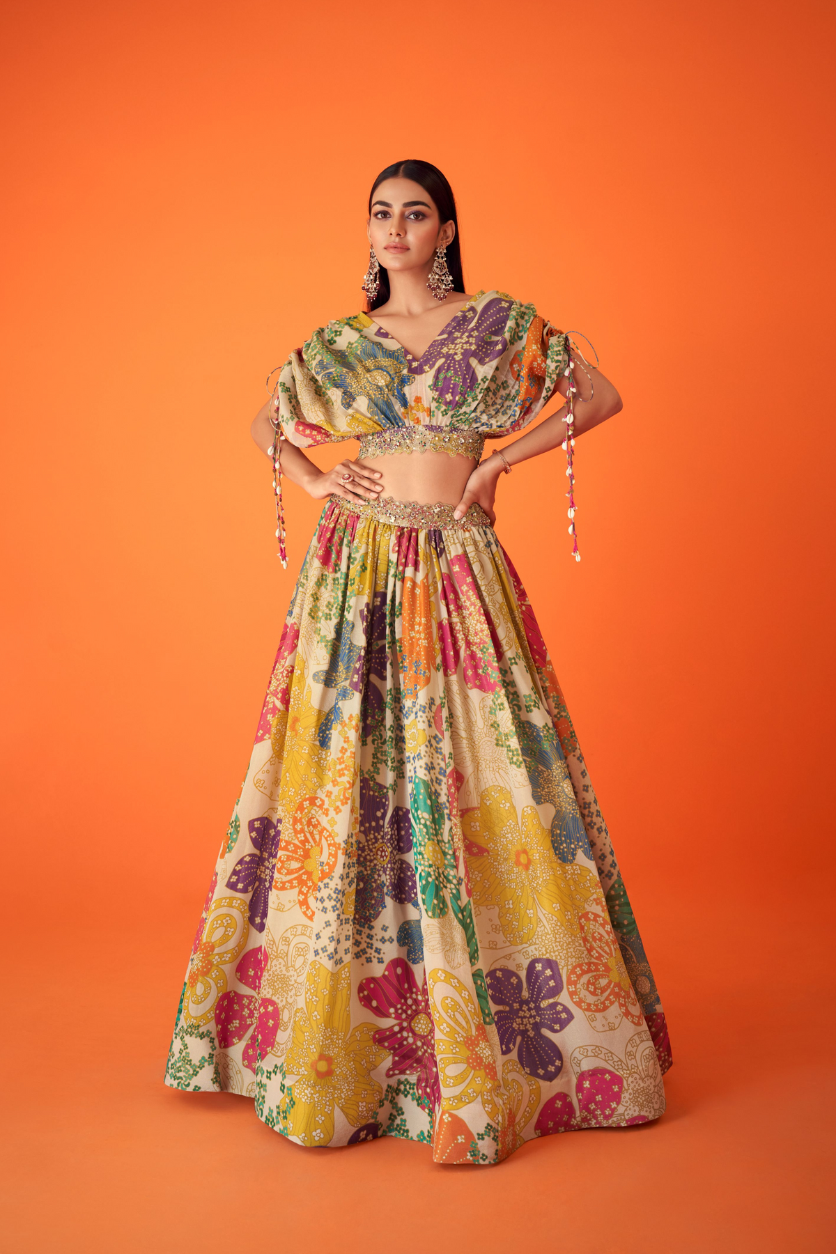 Off White Floral Indowestern Lehenga Set